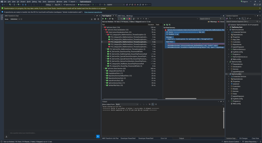 IDE screenshot of TaxFormsSearch application open in Visual Studio, and 2 out of 116 unit tests failing in Test Explorer.