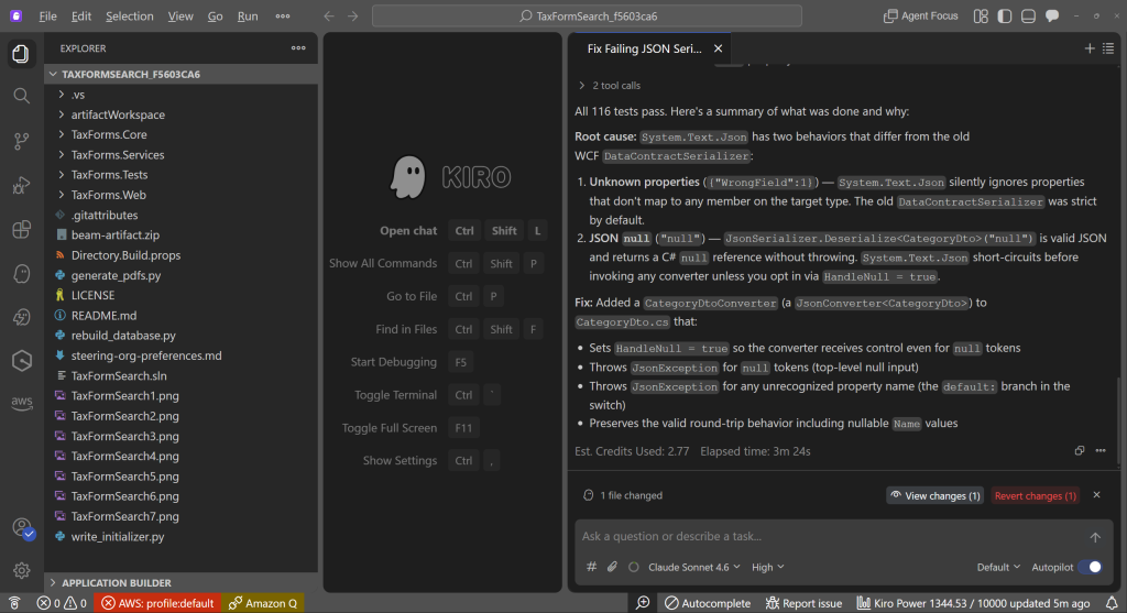 Screenshot of Kiro fixing unit test problems.