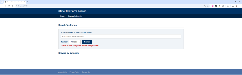 Screenshot of TaxFormsSearch application running with no data on the home page.