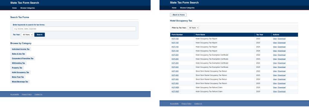 Screenshot of fixed TaxFormsSearch application running with data present on the pages.