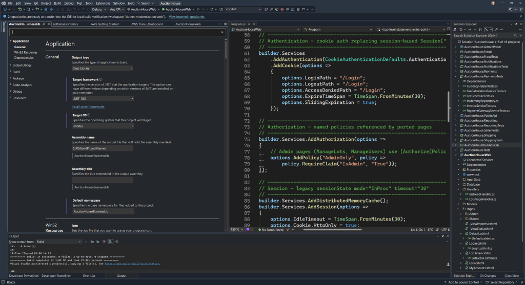 Visual Studio IDE screenshot of transformed AuctionHouse solution open and reviewing code.
