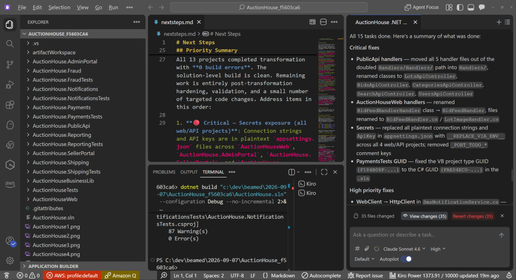 Screenshot of Kiro addressing Next Step tasks for AuctionHouse solution.
