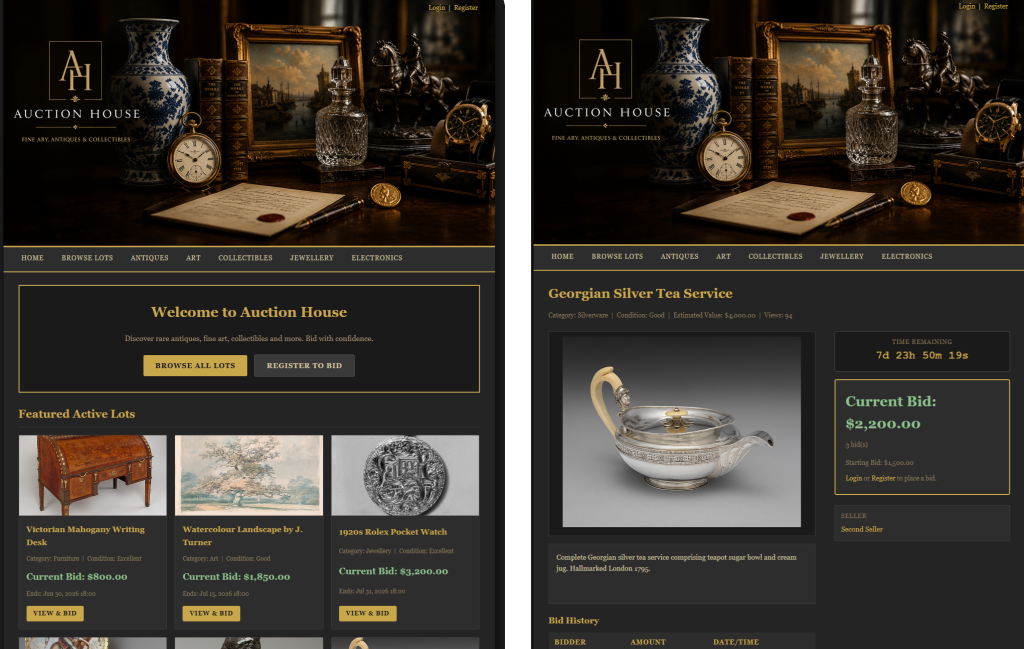 Screenshot of AuctionHouse website running with correct UI and functionality.