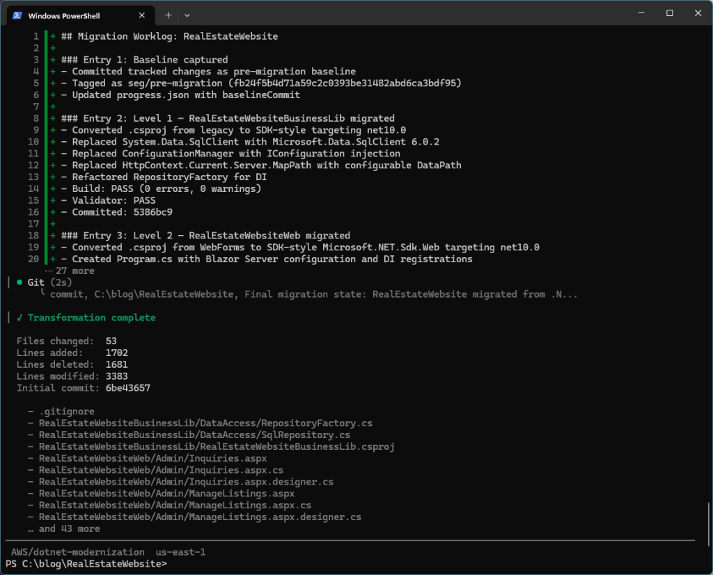 Screenshot of ATX CLI with autonomous transformation completed