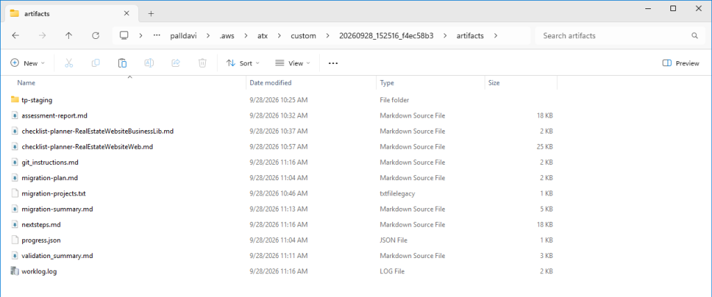 Screenshot of Windows File Explorer showing artifacts folder