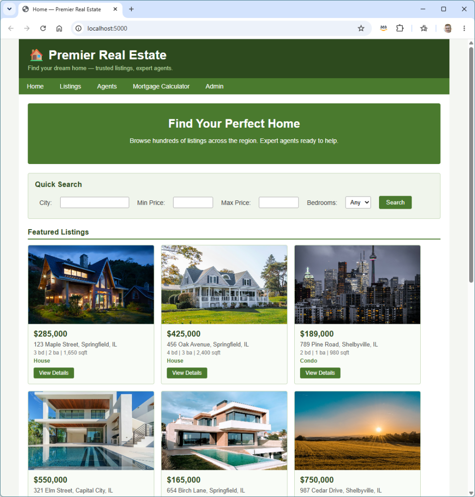 Screenshot of transformed real estate website running in browser.