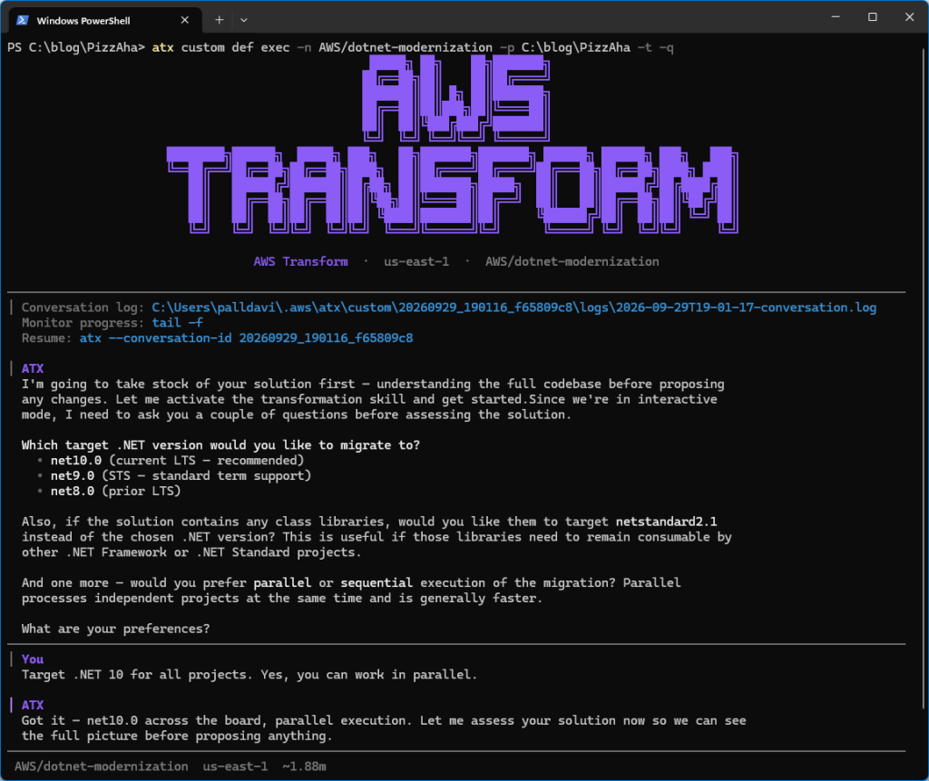Screenshot of ATX CLI interactive transformation starting up