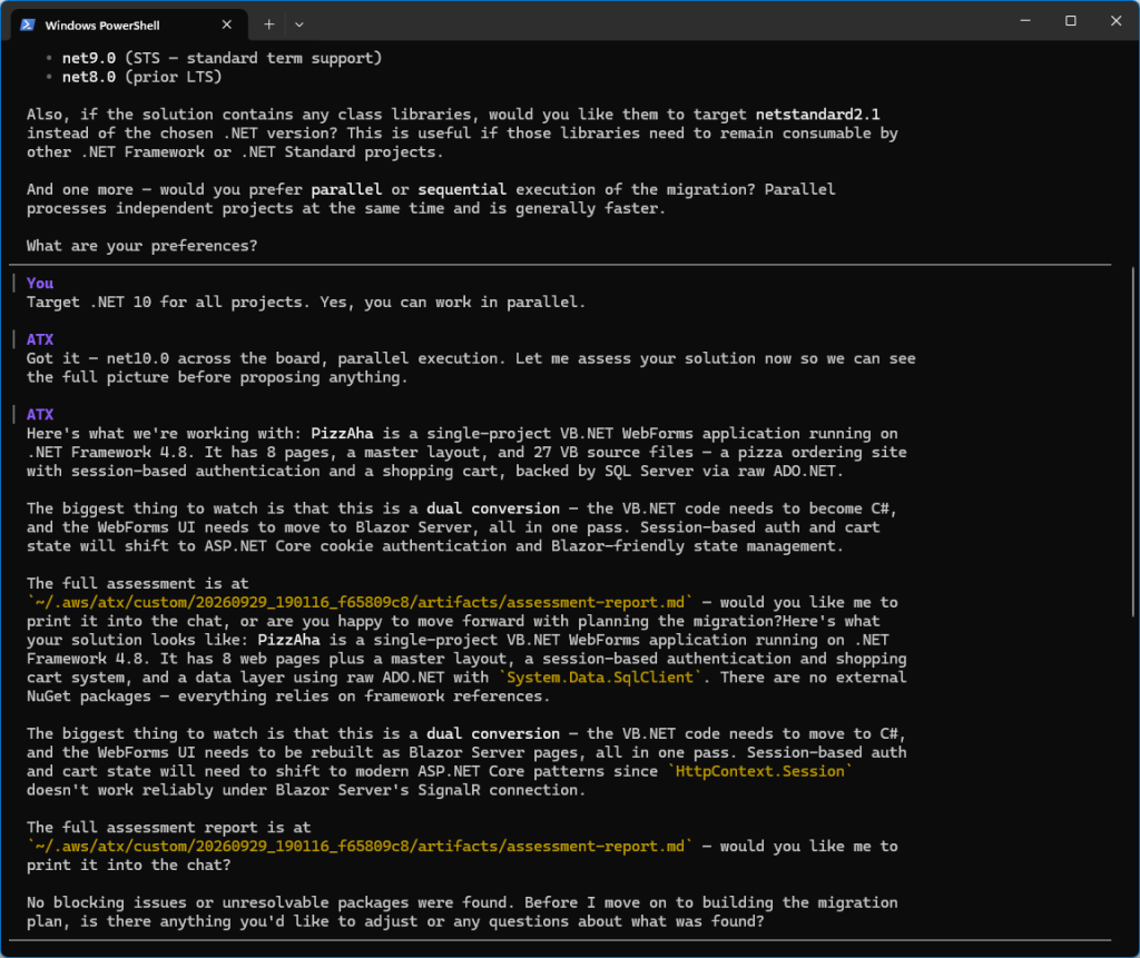 Screenshot of ATX CLI displaying assessment summary