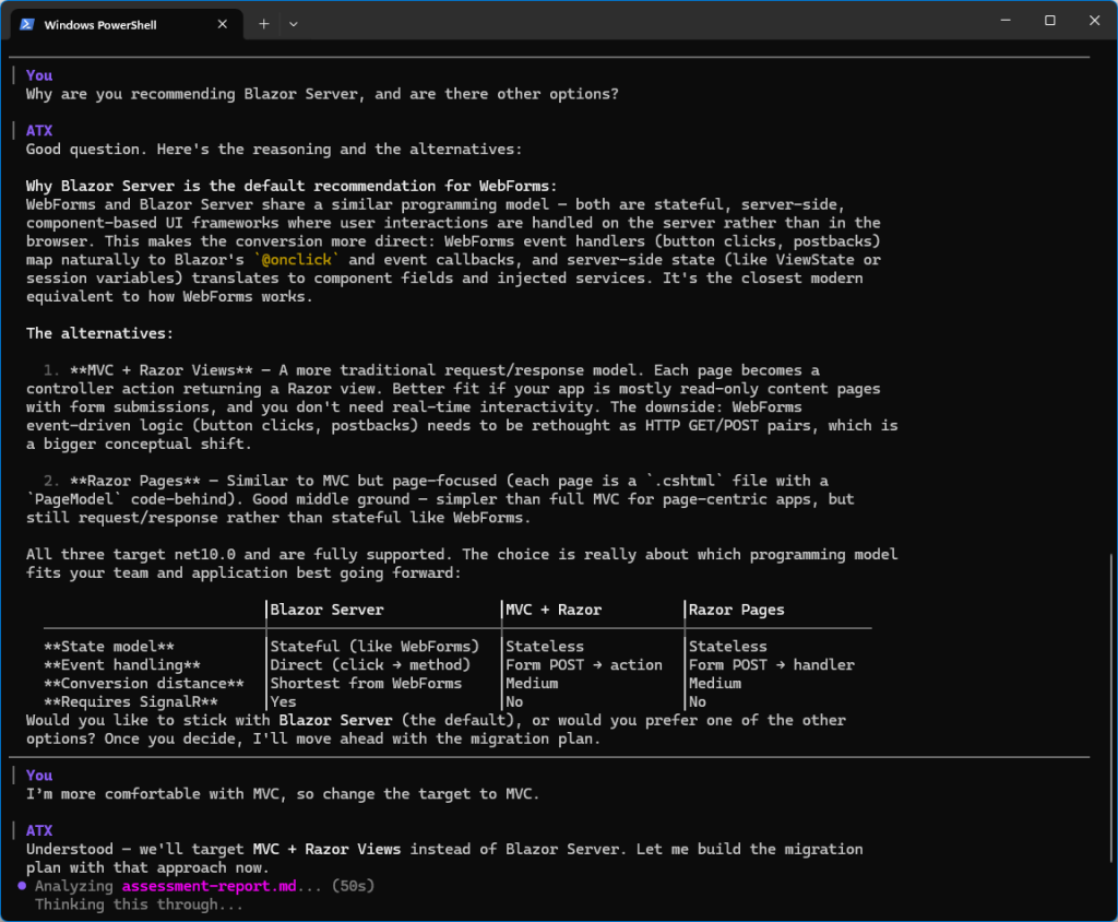 Screenshot of ATX CLI showing chat discussion about options