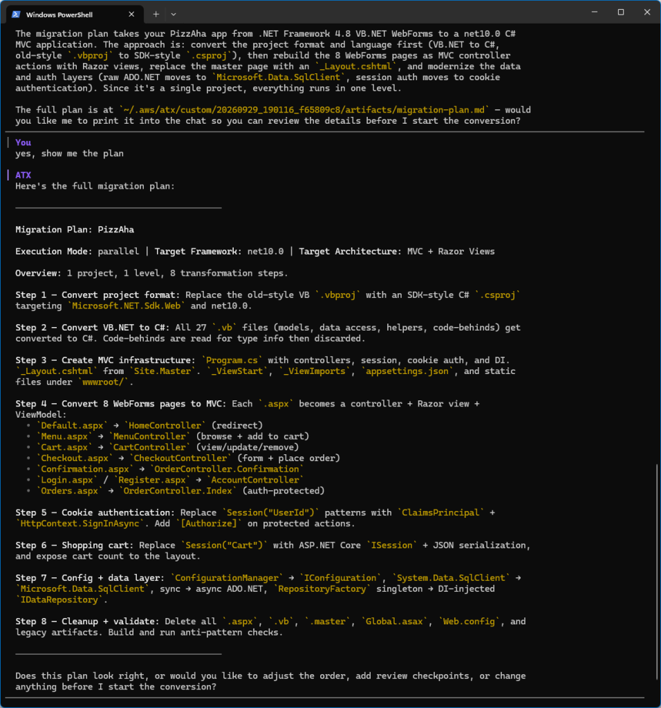 Screenshot of ATX CLI displaying migration plan