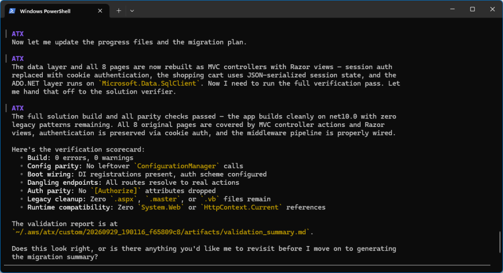Screenshot of ATX CLI stopped at checkpoint