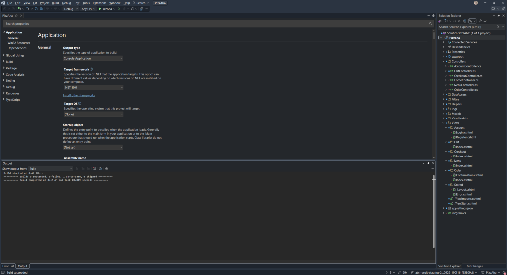 Screenshot of transformed solution in Visual Studio showing .NET 10 and MVC project structure