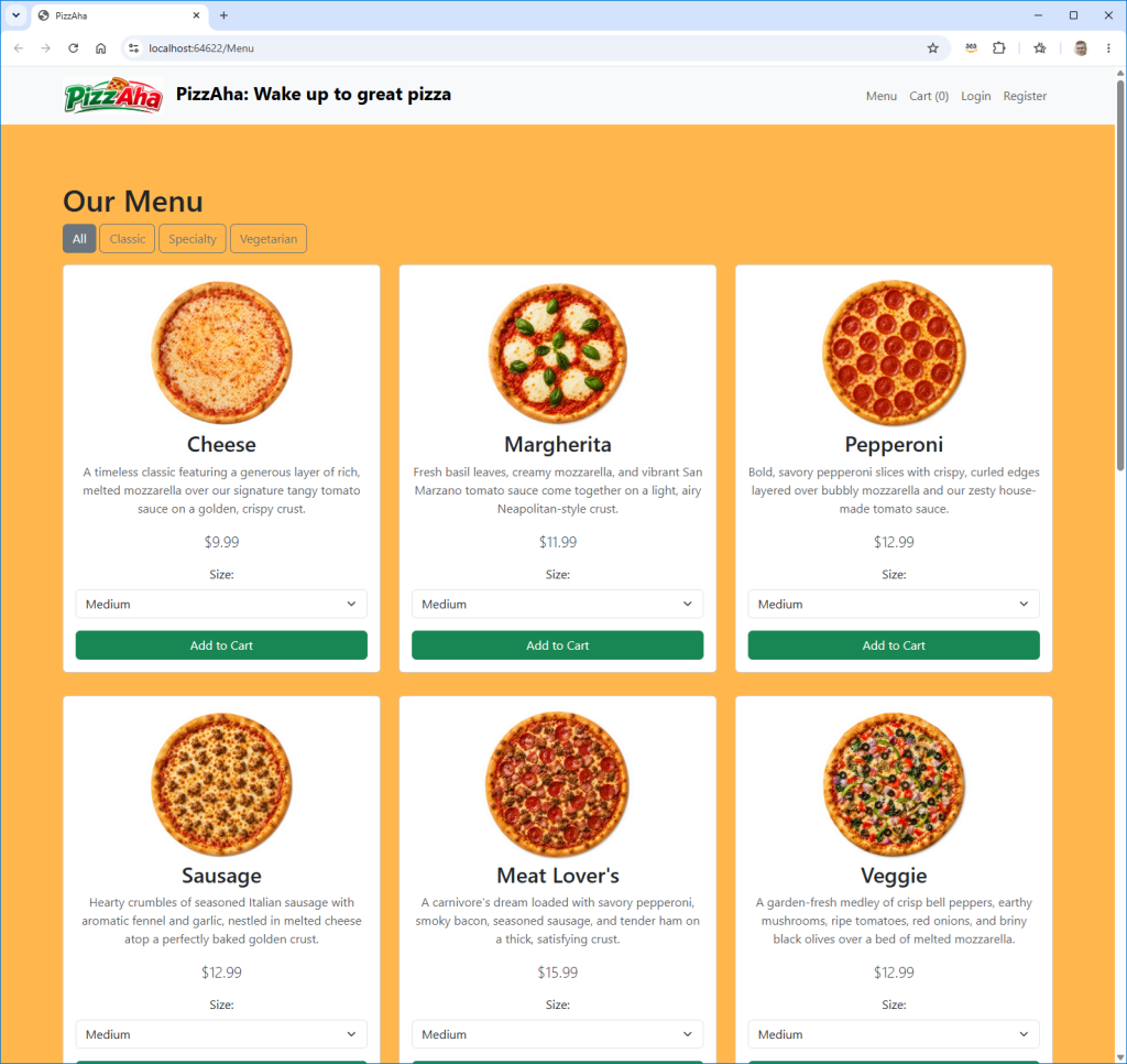 Screenshot of modernized pizza website running in browser showing pizza products