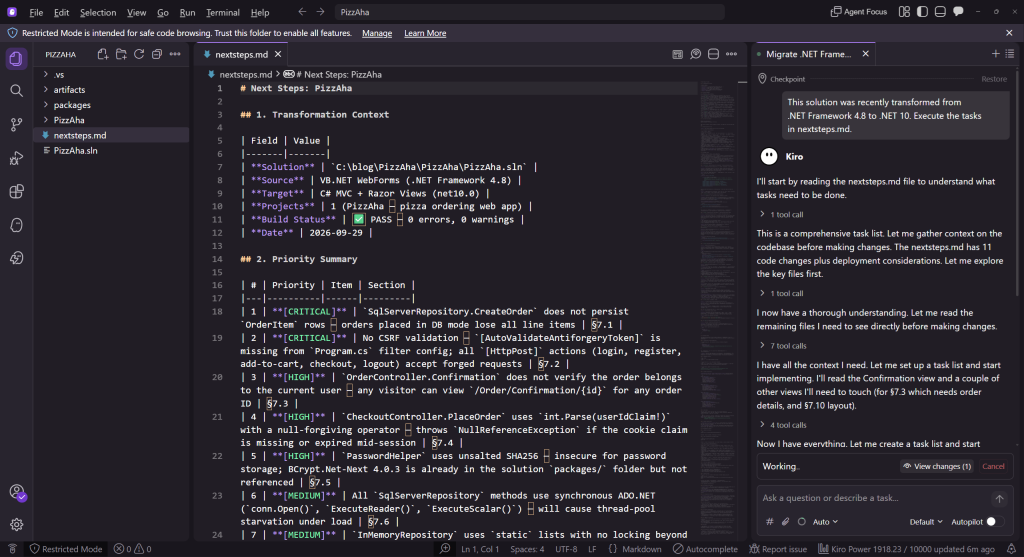 Screenshot of Kiro being directed to work on next steps tasks