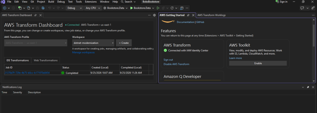 Visual Studio screenshot showing sign-in to AWS Transform on AWS Toolkit Getting Started screen