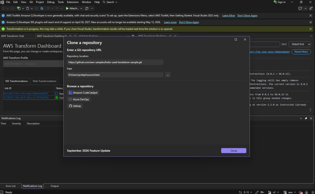 Screenshot of cloning a git repository in Visual Studio