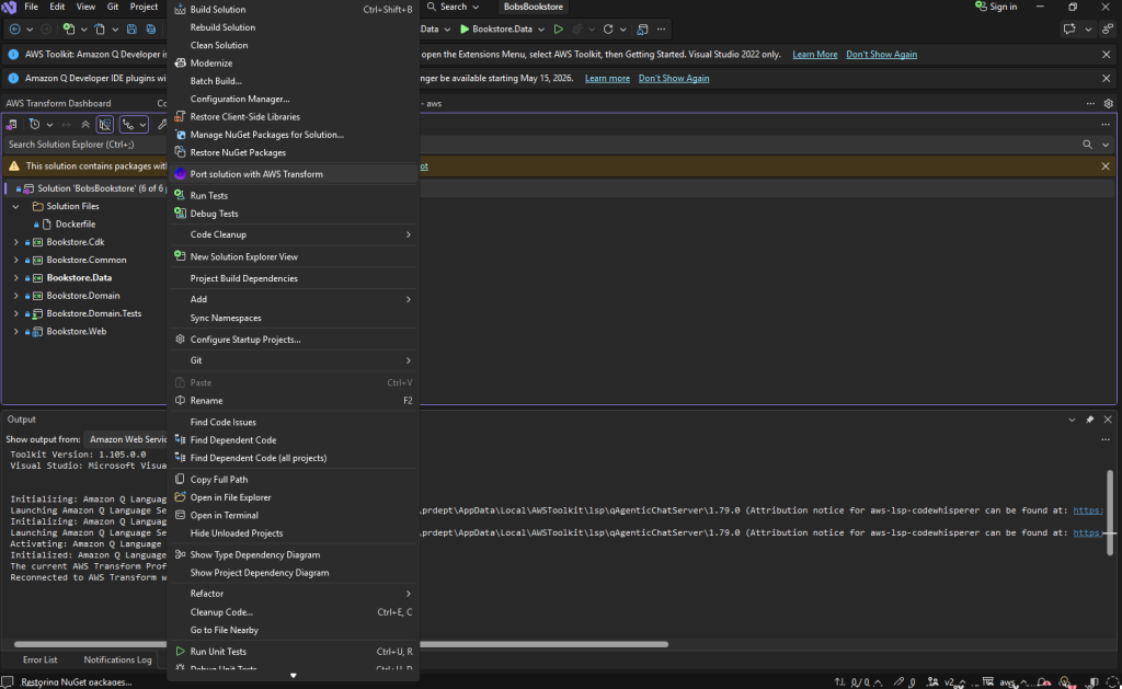 Screenshot of Visual Studio showing Solution Explorer context menu action to port solution with AWS Transform