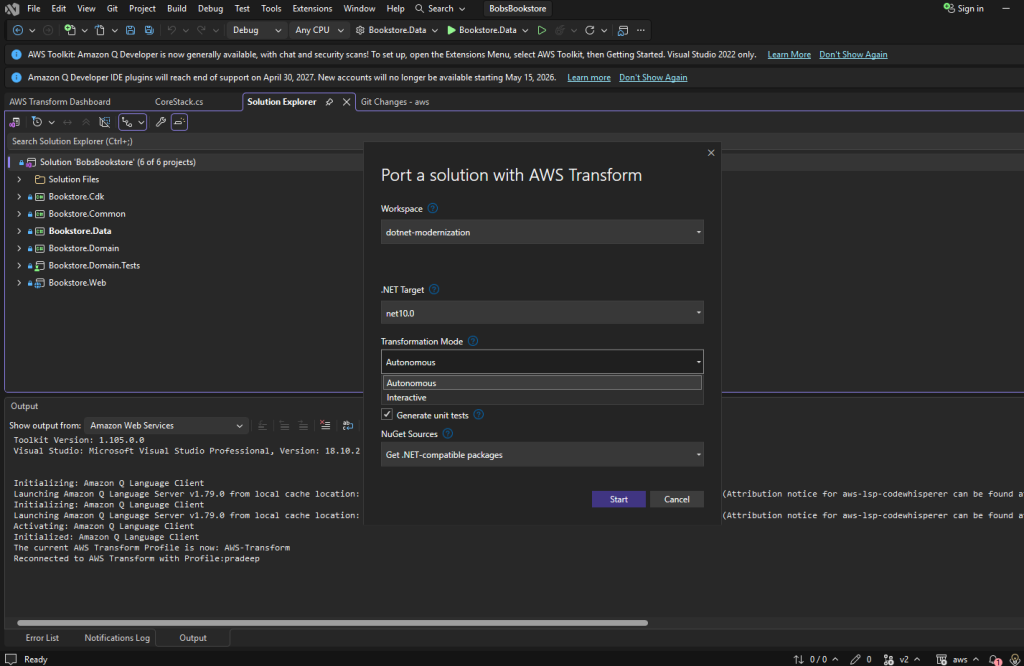 Screenshot of AWS Transform Port solution dialog in Visual Studio