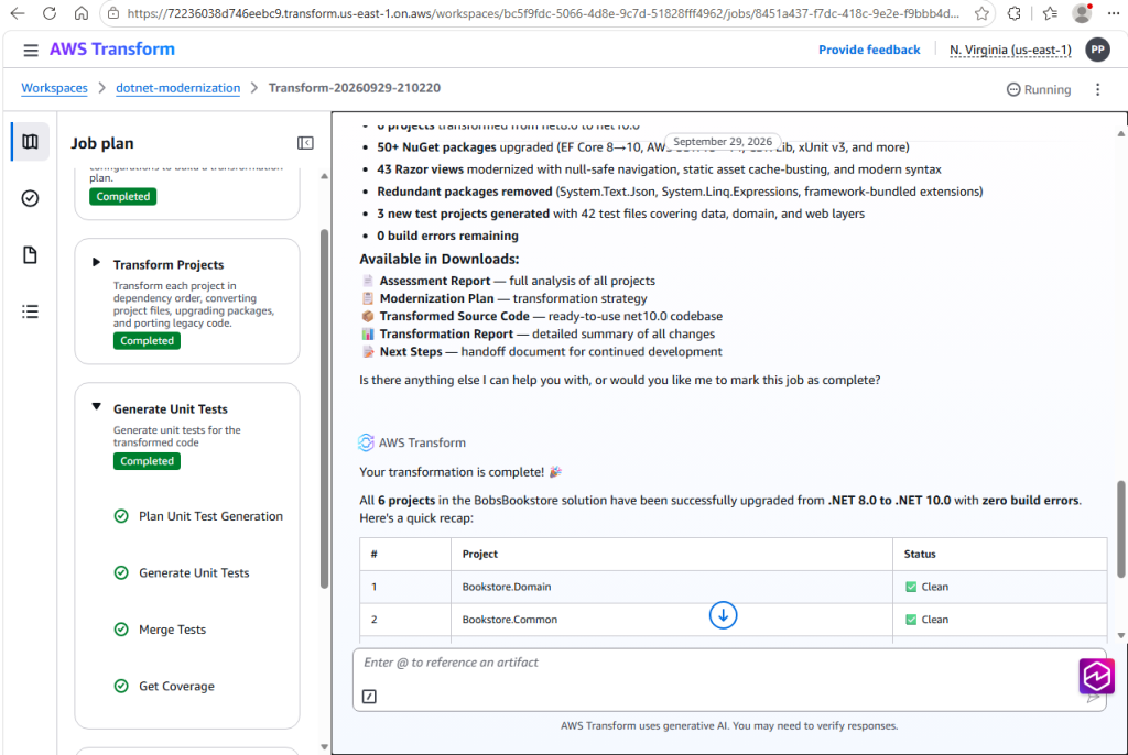 Screenshot of AWS Transform web console showing unit test activity