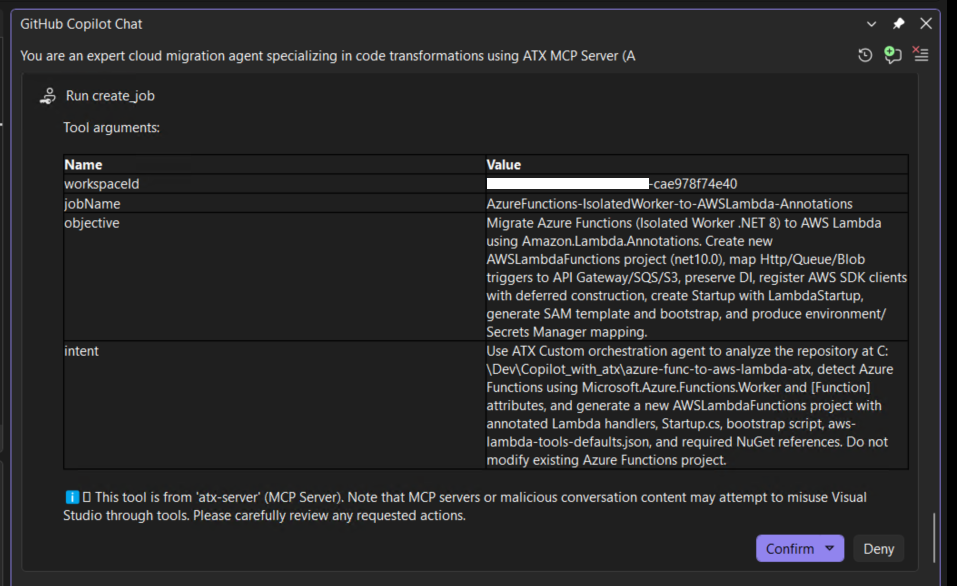 Copilot requesting confirmation to execute ATX create_job tool