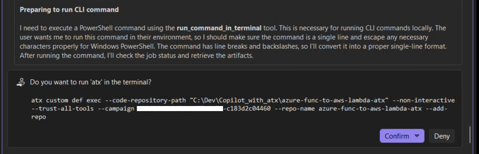 Copilot requesting confirmation to execute ATX custom definition command in CLI