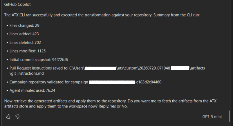 Copilot requesting confirmation to execute ATX authentication tool