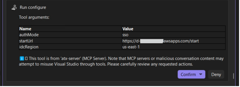 Copilot requesting confirmation to execute ATX authentication tool