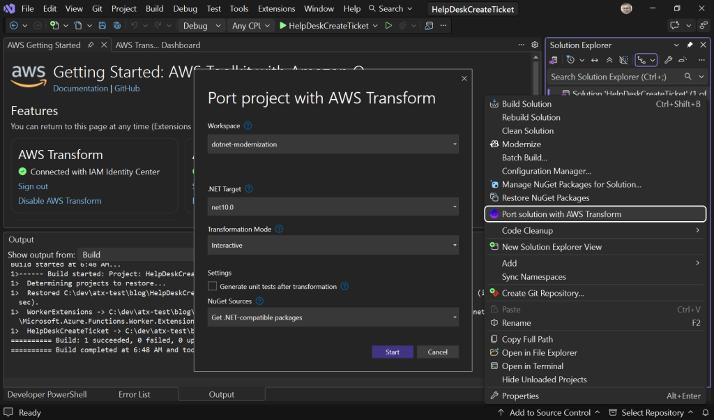Screenshot of Visual Studio showing Port project with AWS Transform dialog.
