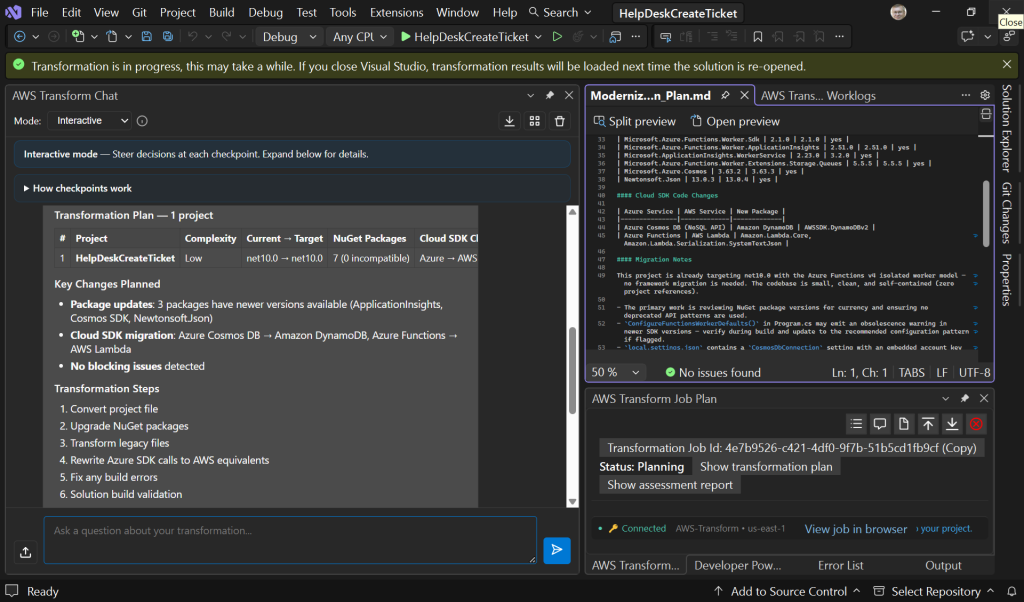 Screenshot of assessment summary and transformation plan in agent chat