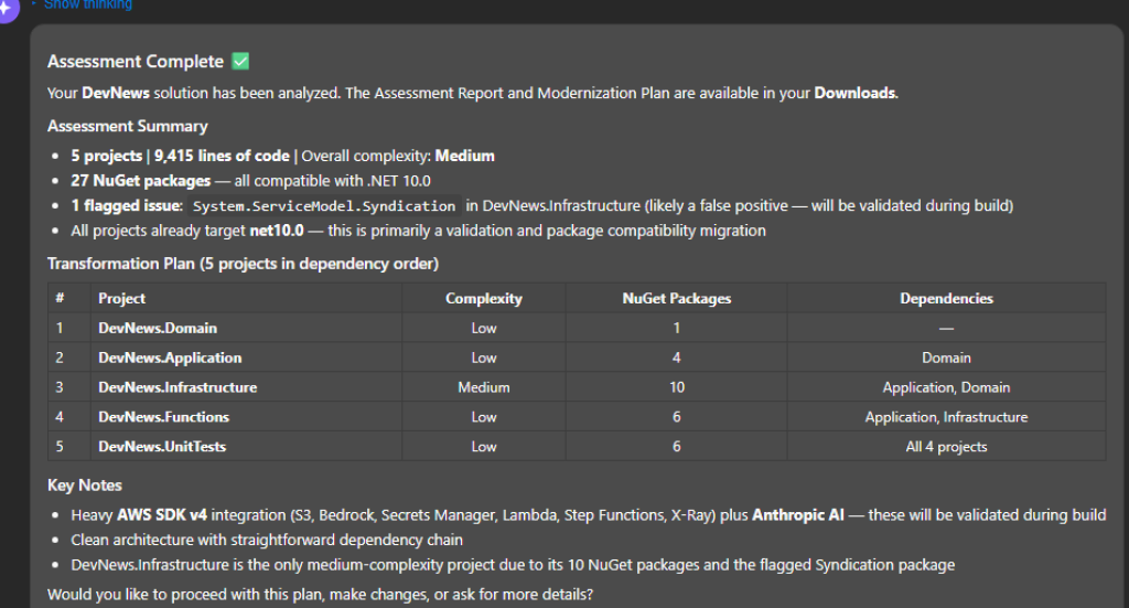 Screenshot of assessment summary in agent chat.