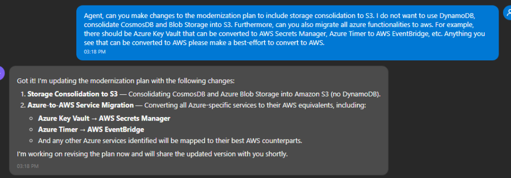 Screenshot of revised plan in agent chat.
