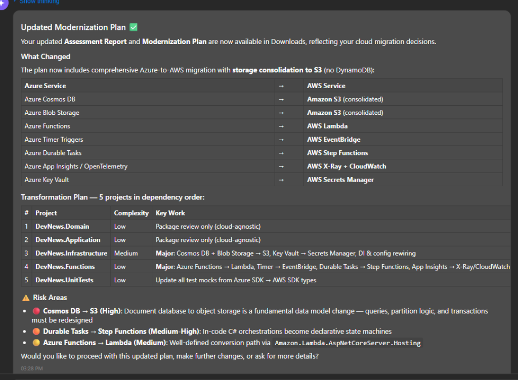 Screenshot of modified modernization plan markdown in Visual Studio.