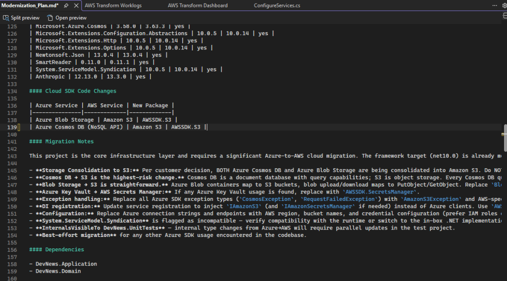 Screenshot of updated modernization plan markdown in Visual Studio code editor.