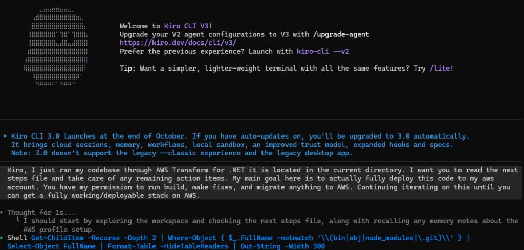 Screenshot of Kiro with one-shot prompt to complete modernization to AWS.