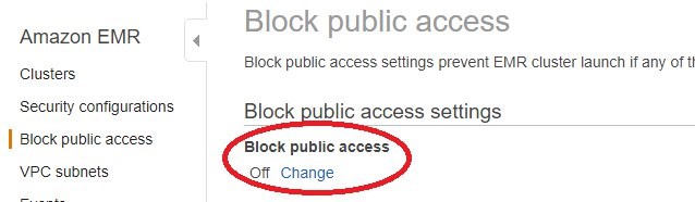 Block public access section with the "Change" hyperlink circled in red.