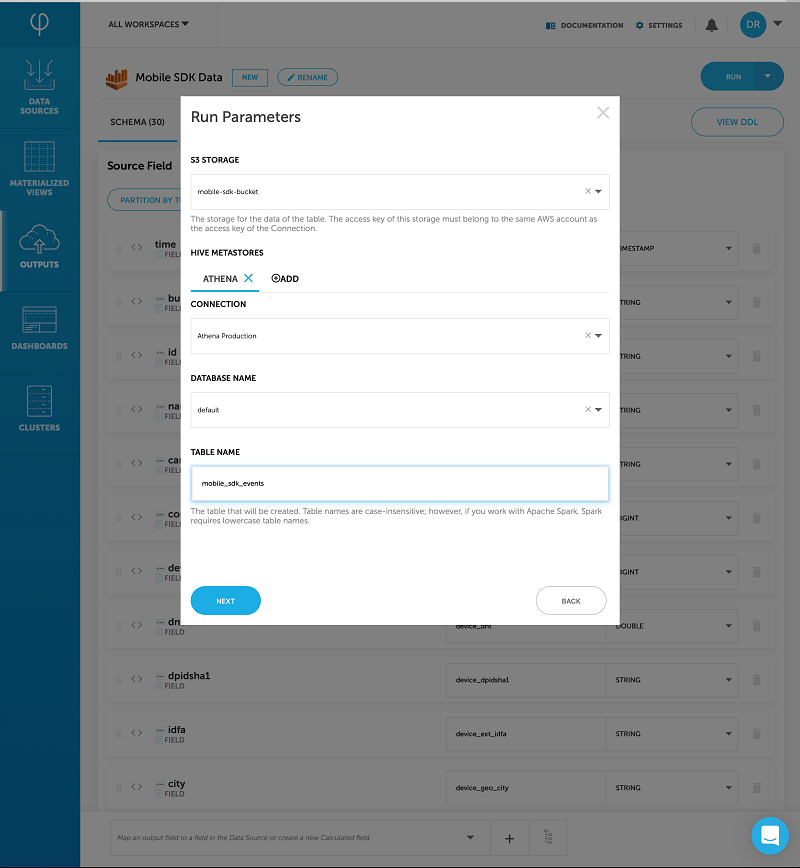 Image of the Upsolver UI showing the "Run Parameters" dialog box is open, having arrived there from the "Mobile SDK Data" page noted in the previous image.