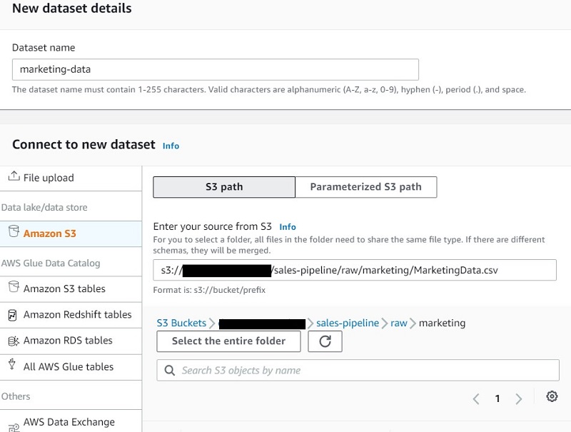 For Enter your source from S3, enter the S3 path of the marketing input CSV.