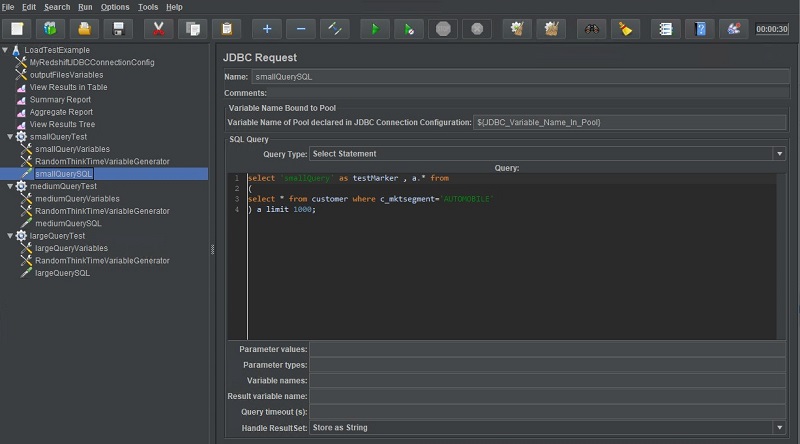 The JDBC Request can be thought of as the benchmark query or SQL test query to be submitted non-stop by each simulated user in this thread group.