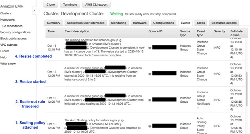 The following screenshot shows the results of the scaling policy on the Amazon EMR console.