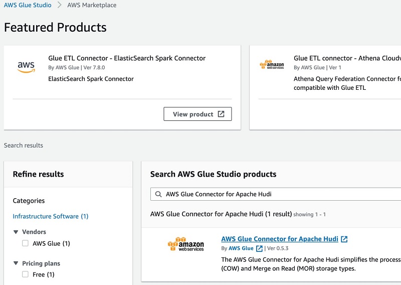 Go to the AWS Glue Studio Console, search for AWS Glue Connector for Apache Hudi and choose AWS Glue Connector for Apache Hudi link.