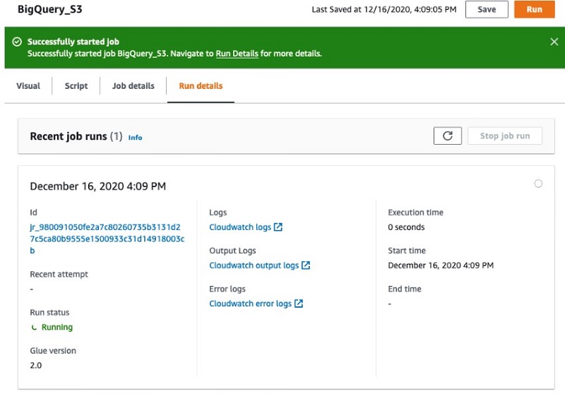 To run the job, choose the Run Job button.