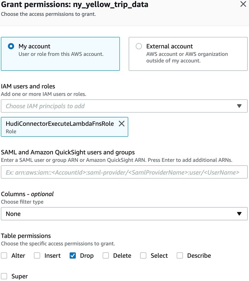 If you have Lake Formation enabled in this Region, make sure that you give Drop permission to HudiConnectorExecuteLambdaFnsRole so the CloudFormation template can drop the default.ny_yellow_trip_data table when you delete the stack.