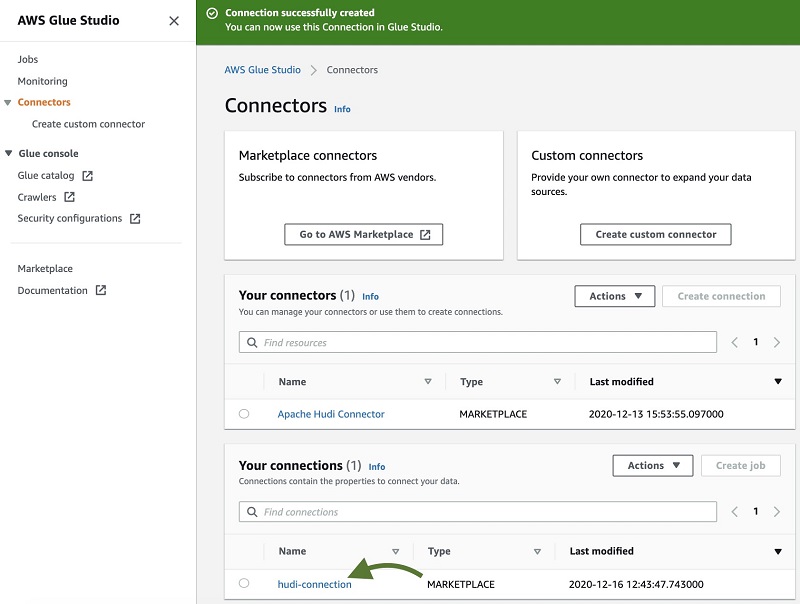 A message appears that the connection was successfully created, and the connection is now visible on the AWS Glue Studio console.