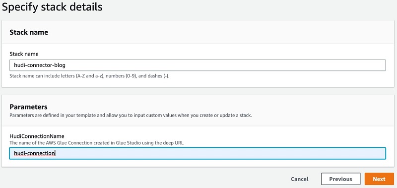Launch the following stack, providing your connection name for the HudiConnectionName parameter: 