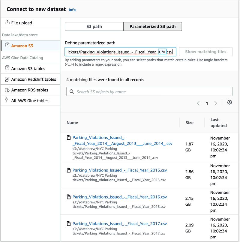 DataBrew supports parameterized input path to customize the files you would like to combine.