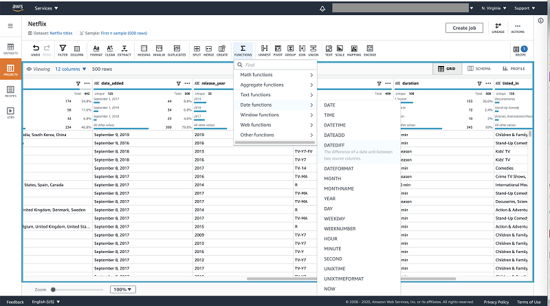 You can create columns with extracted values or flagged values from existing column. DataBrew also provides a collection of functions that help you create new columns.