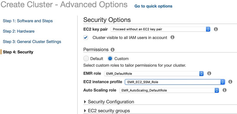 For EMR role, choose IAM role you created.