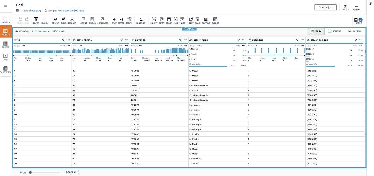 When my session is ready, I should see all the columns and some analytics that give me useful insights about my dataset.