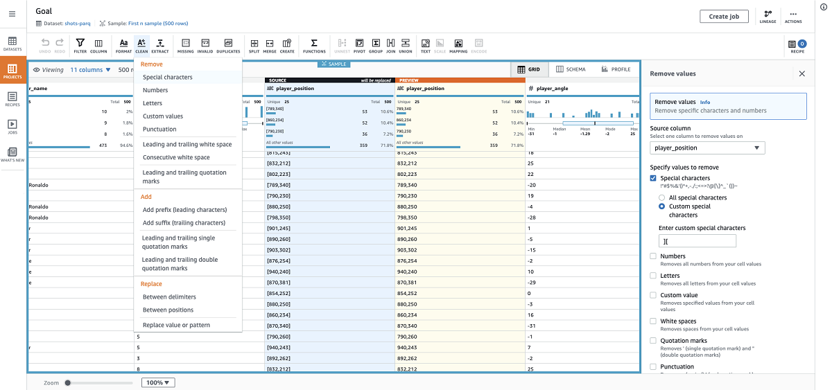 Using the Remove values transform, I remove the opening and closing brackets from the entries of the player_position column