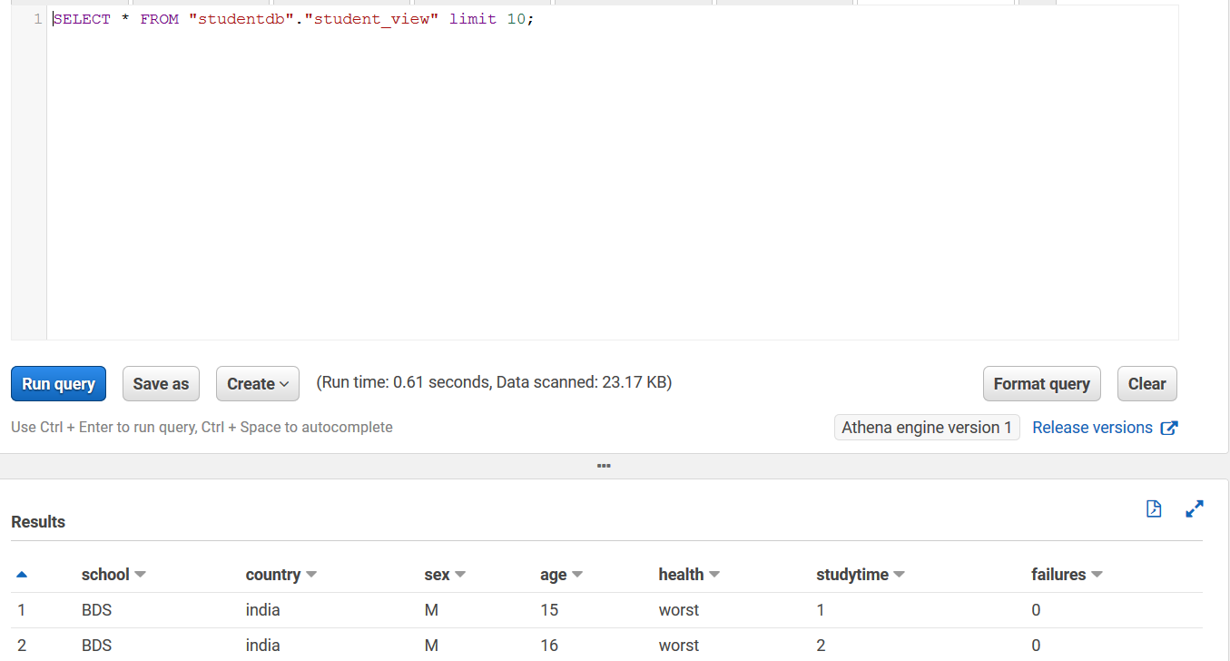 Now if you query student_view on the Athena console with a select * SQL statement, you can see the following output.